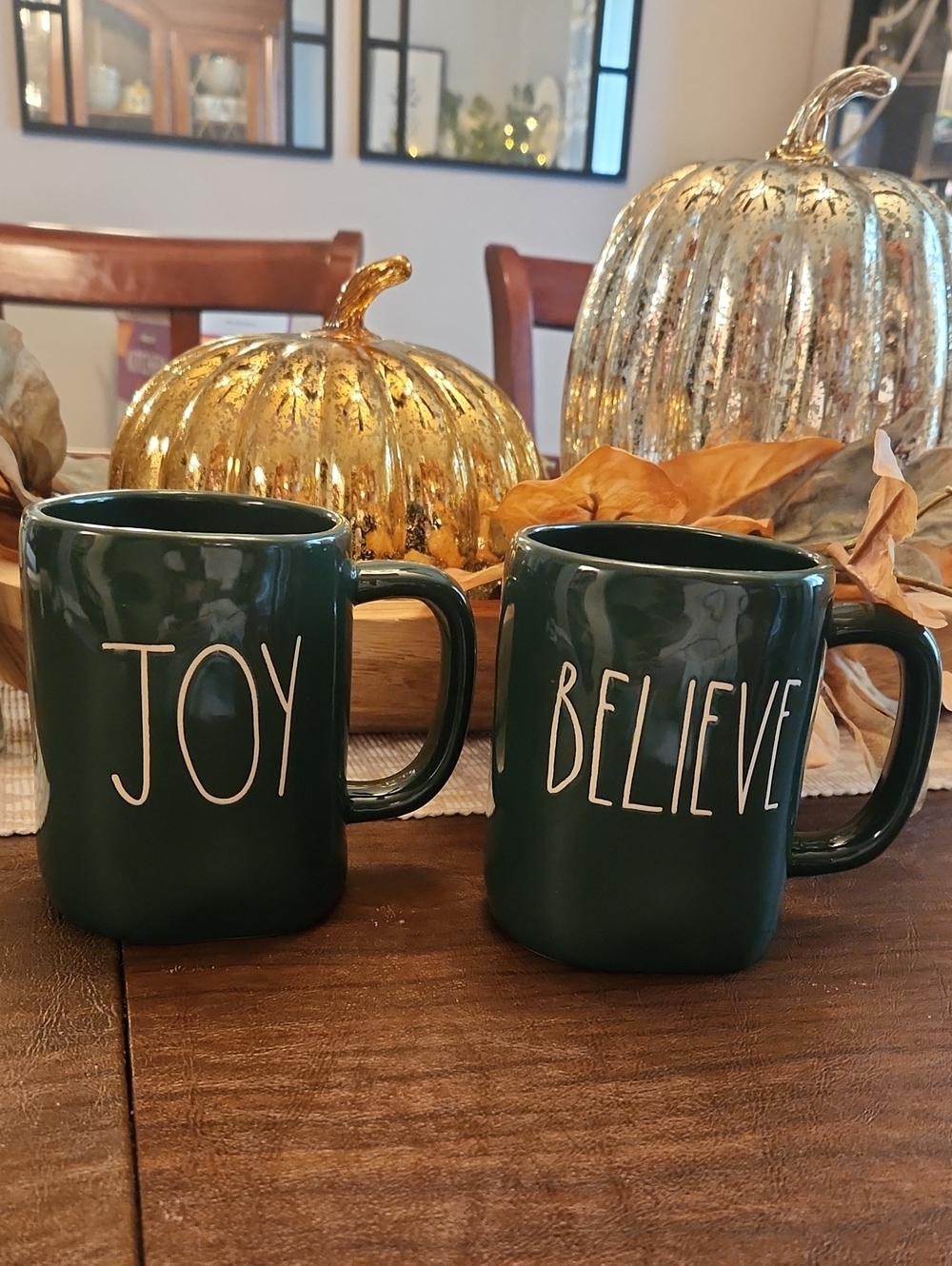 Rae Dunn Dark Green 'JOY' and 'BELIEVE' Ceramic Mugs - Set of 2